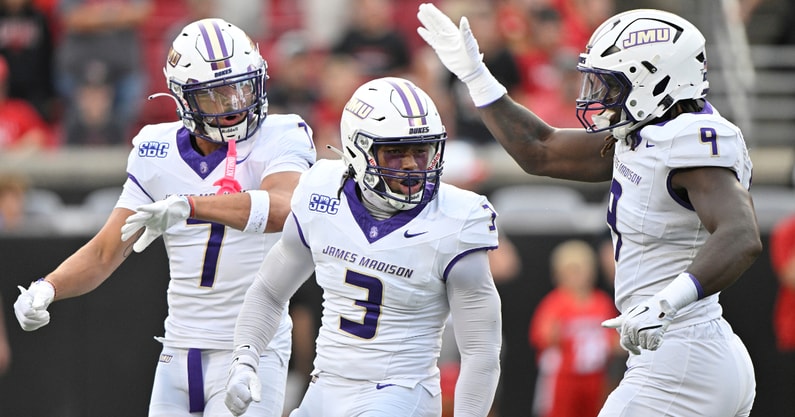 The James Madison defense celebrates against Louisville, via Jamie Rhodes-Imagn Images