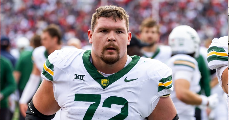 Nov 22, 2025; Tucson, Arizona, USA; Baylor Bears offensive lineman Coleton Price (72) against the Arizona Wildcats at Casino Del Sol Stadium. Mandatory Credit: Mark J. Rebilas-Imagn Images