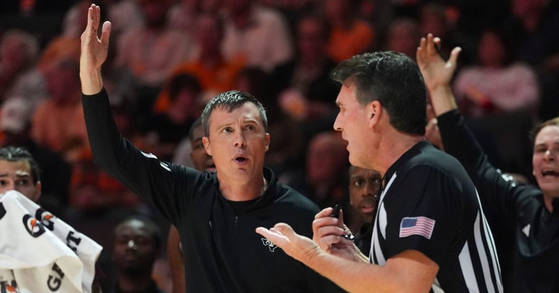 Texas A&M basketball coach Bucky McMillan looks at the referee asking to a foul to be called during a NCAA basketball game between Tennessee and Texas A&amp;M at Thompson-Boling Arena at Food City Center in Knoxville, Tenn., on Jan. 13, 2026.