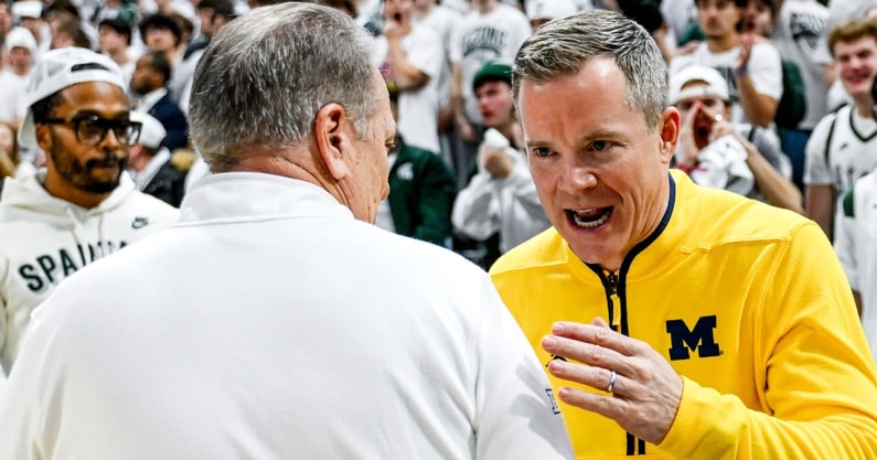 Michigan coach Dusty May with Tom Izzo after U-M handled the Spartans in East Lansing. Nick King/Lansing State Journal / USA TODAY NETWORK via Imagn