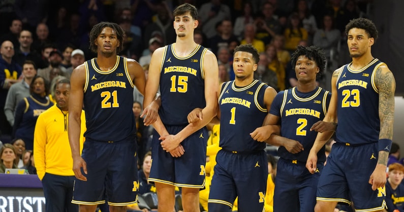 Michigan Wolverines basketball's Morez Johnson Jr., Aday Mara, Trey McKenney, L.J. Cason and Yaxel Lendeborg. (Photo by David Banks-Imagn Images)