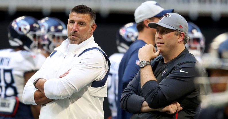 Mike Vrabel and Arthur Smith by Jason Getz-Imagn Images