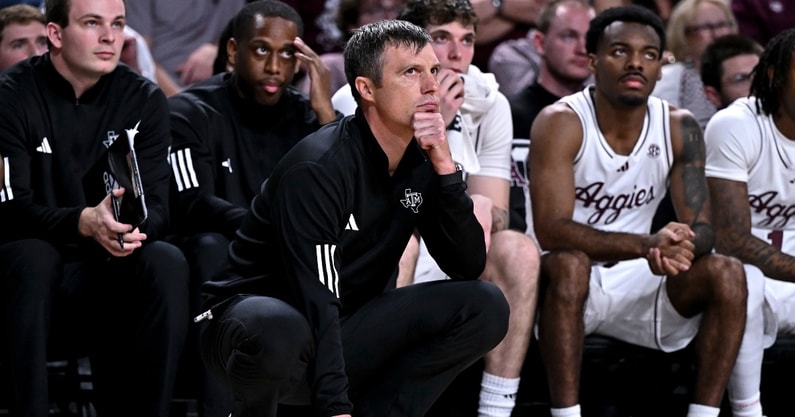 Feb 28, 2026; College Station, Texas, USA; Texas A&M Aggies head coach Bucky McMillan looks on during the second half against the Texas Longhorns at Reed Arena. Mandatory Credit: Maria Lysaker-Imagn Images