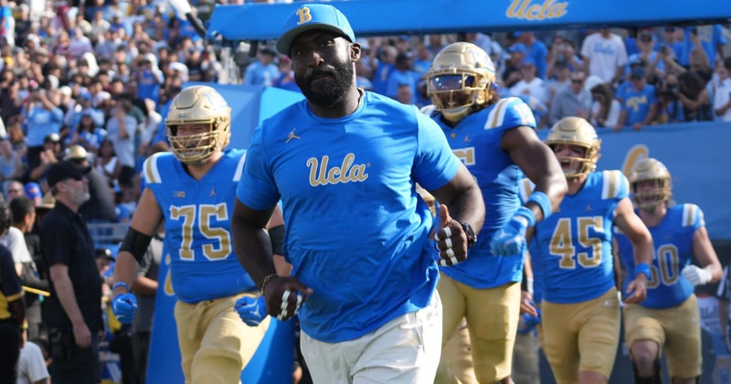 UCLA Bruins head coach DeShaun Foster enters the field before the game against the Indiana Hoosiers at Rose Bowl. (Mandatory Credit: Kirby Lee-Imagn Images)