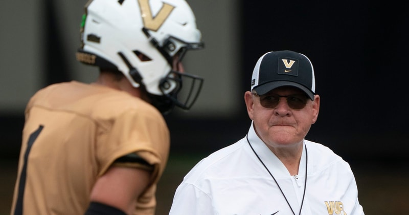 Vanderbilt Offensive Coordinator Tim Beck and quarterback Blaze Berlowitz (1) during practice at Vanderbilt Universitys McGugin