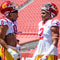 USC rush ends Korey Foreman and Romello Height talk during the Trojans' 2022 spring game at the Los Angeles Memorial Coliseum