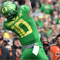 EUGENE, OR - NOVEMBER 27: Oregon Ducks WR Dont'e Thornton (10) makes a catch over the middle during a PAC-12 conference football game between the Oregon State Beavers and Oregon Ducks on November 27, 2021 at Autzen Stadium in Eugene, Oregon. (Photo by Bri