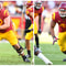 USC Trojans offensive lineman Andrew Vorhees (72) blocks during a college football game between the Utah Utes and the USC Trojans. (R) USC Trojans defensive lineman Tuli Tuipulotu (49) looks to rush the passer during a college football game between the Ut