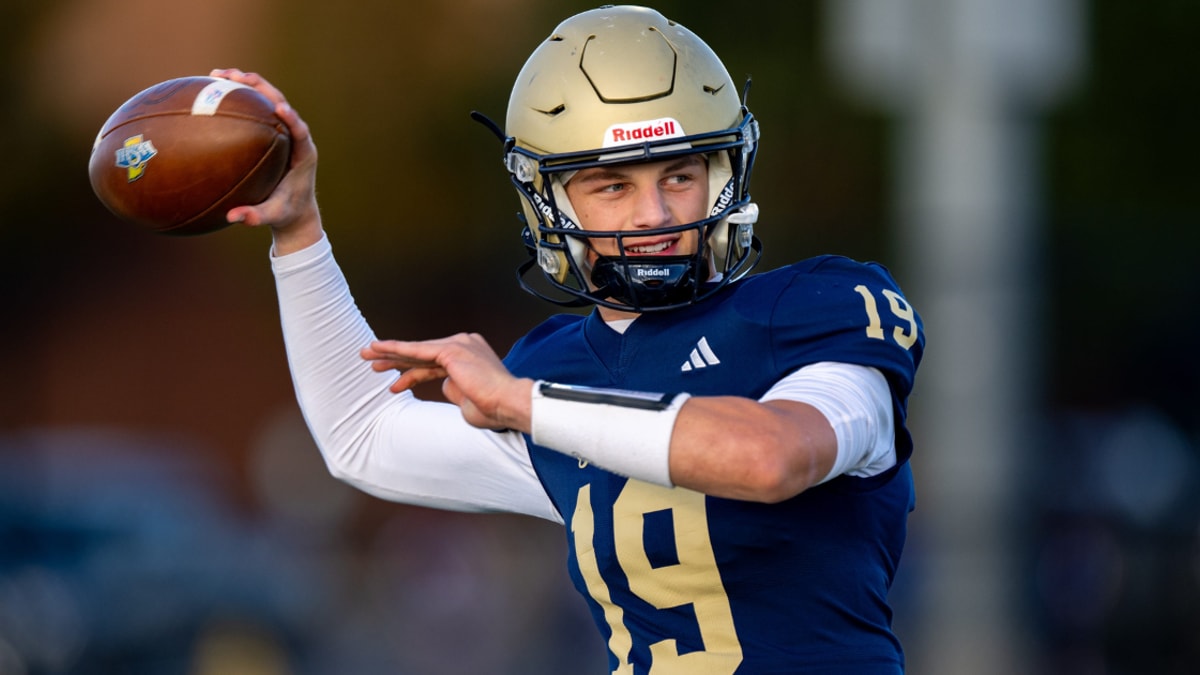 Tri-West Hendricks High School junior Jack Sorgi (19) warms up on the field before the start of an IHSAA varsity football game against Bishop Chatard High School, Friday, Oct. 10, 2025, at Tri-West Hendricks High School.
