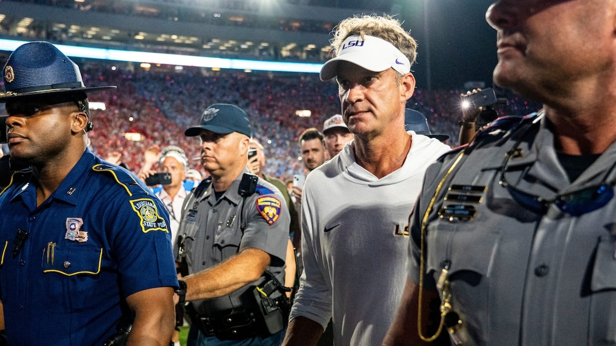 LSU head coach Lane Kiffin walks off the field after a college football game between Ole Miss and LSU at Vaught Hemingway
