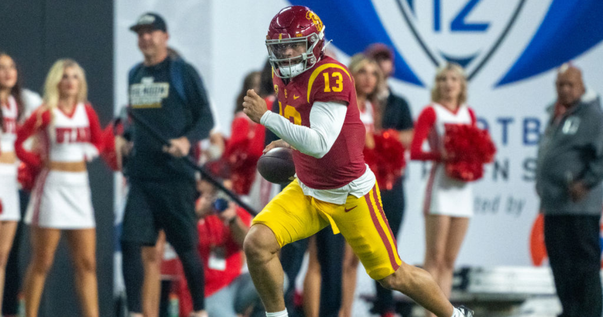 Caleb Williams #13 of USC runs downfield during a game between the USC Trojans and the Utah Utes at Allegiant Stadium on December 2, 2022 in Las Vegas, Nevada. (Photo by Jason Allen/ISI Photos/Getty Images)