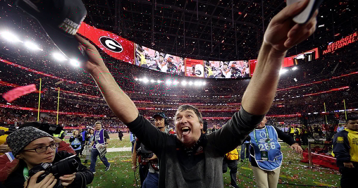 Georgia HC Kirby Smart celebrating the 2023 national championship
