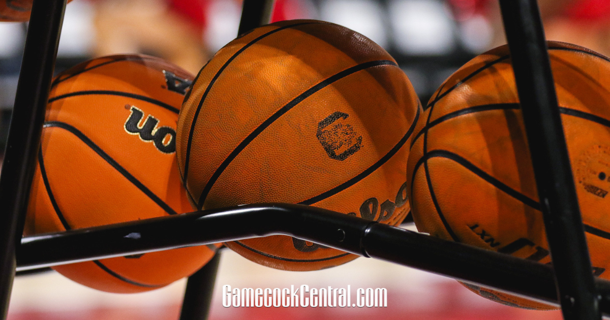 South Carolina basketballs on a rack before a game at Colonial Life Arena