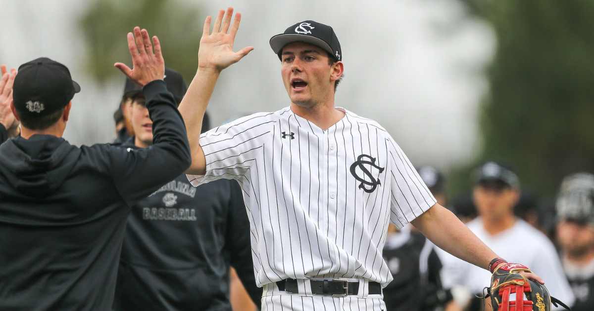 South Carolina outfielder Ethan Petry celebrates after a win over Penn Saturday