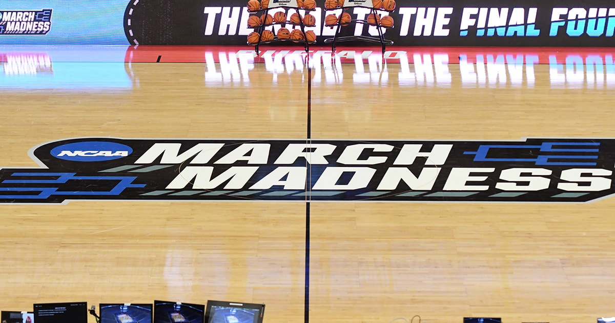 NCAA Tournament March Madness logo at center court