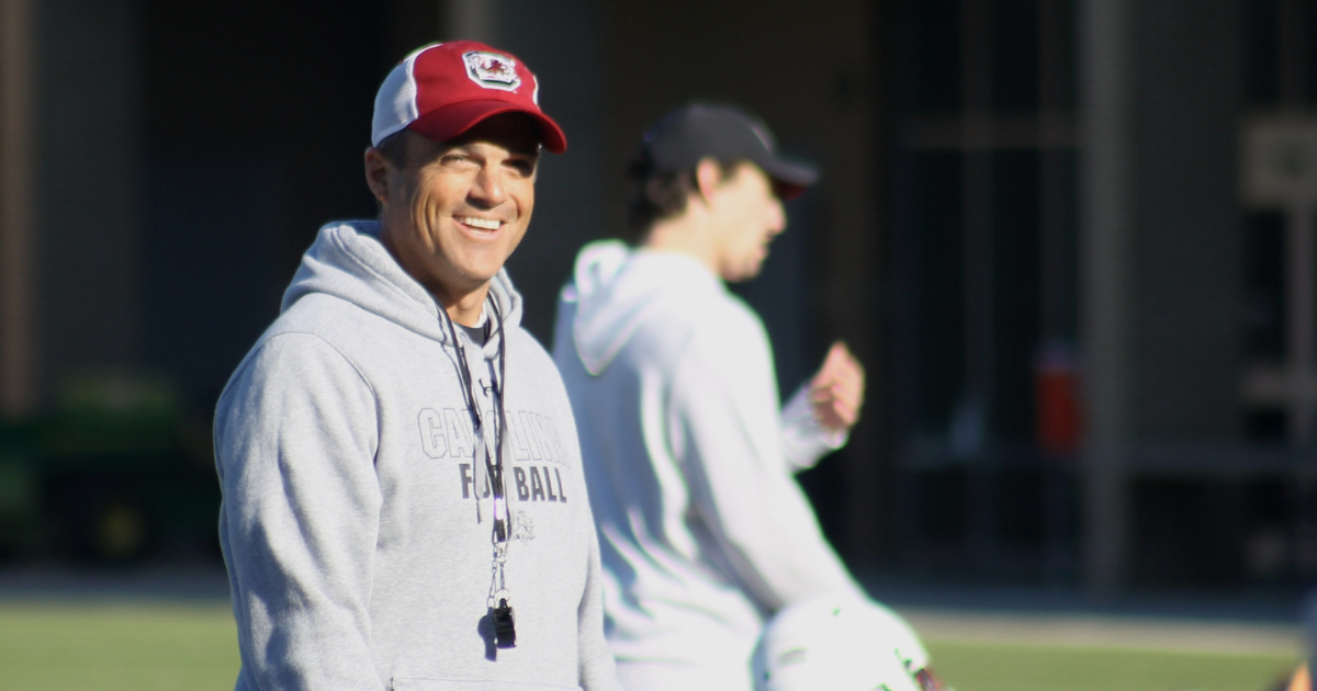 South Carolina head coach Shane Beamer smiles at spring practice