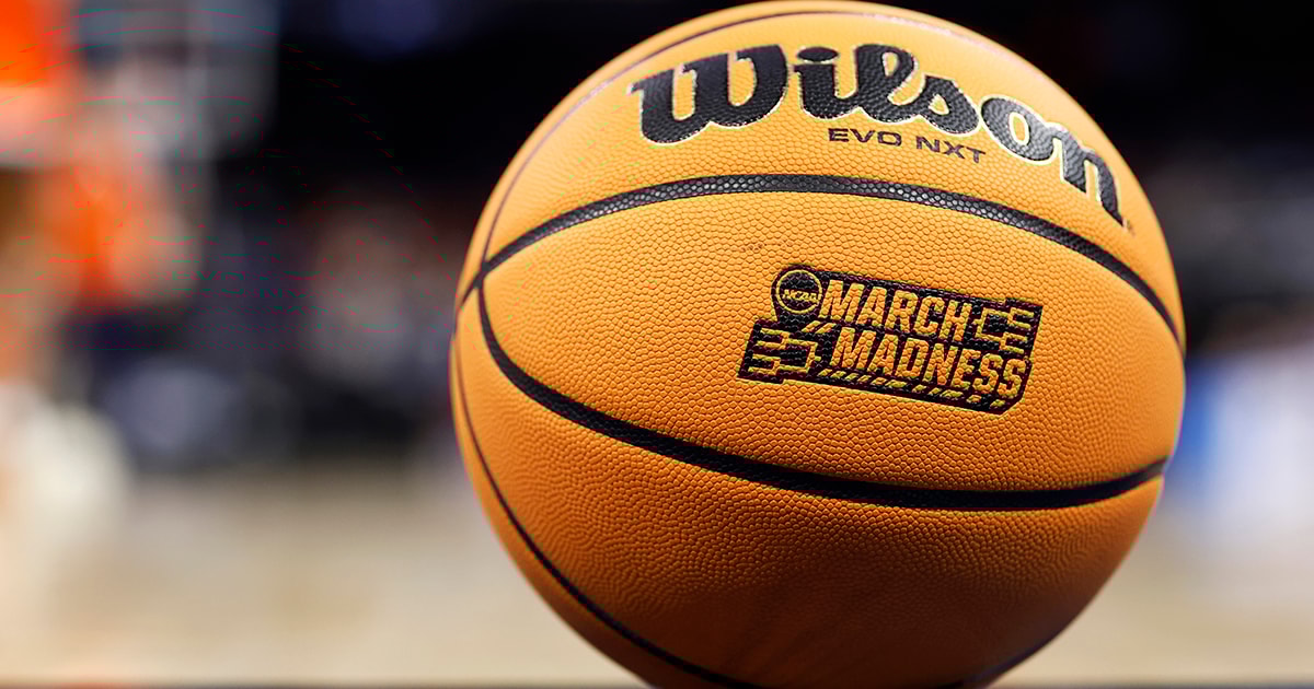 The NCAA Tournament logo on a basketball during March Madness 2023