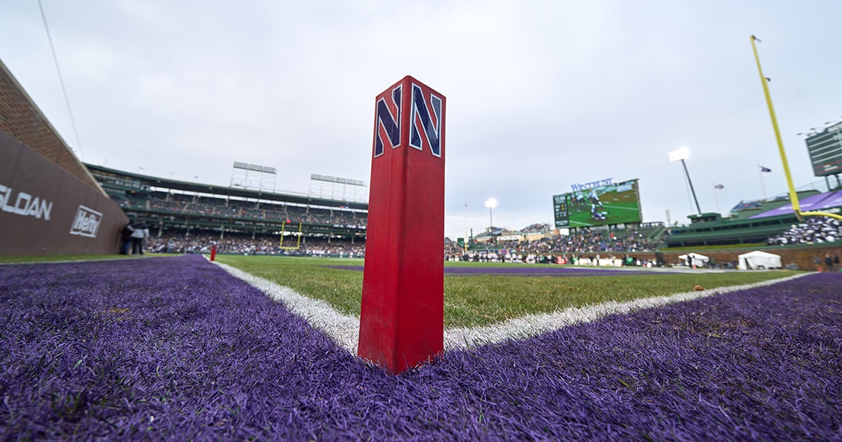 Northwestern Wildcats football logo on a pylon