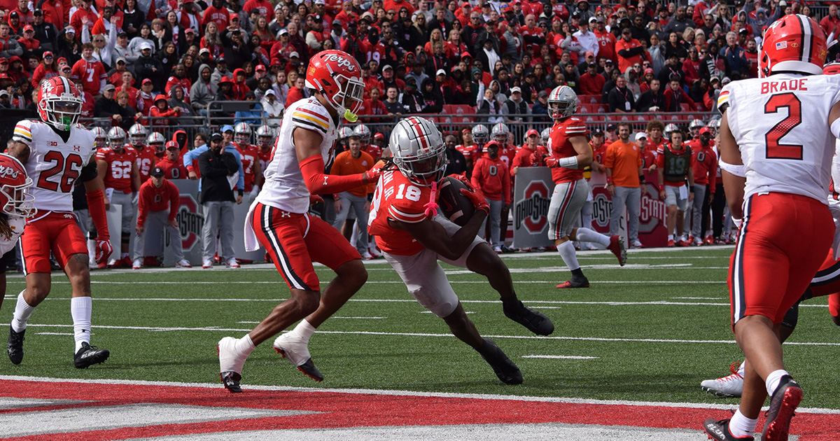 Lettermen Row on X: First look at the Scarlet color rush uniforms Ohio  State is rocking tonight:  / X