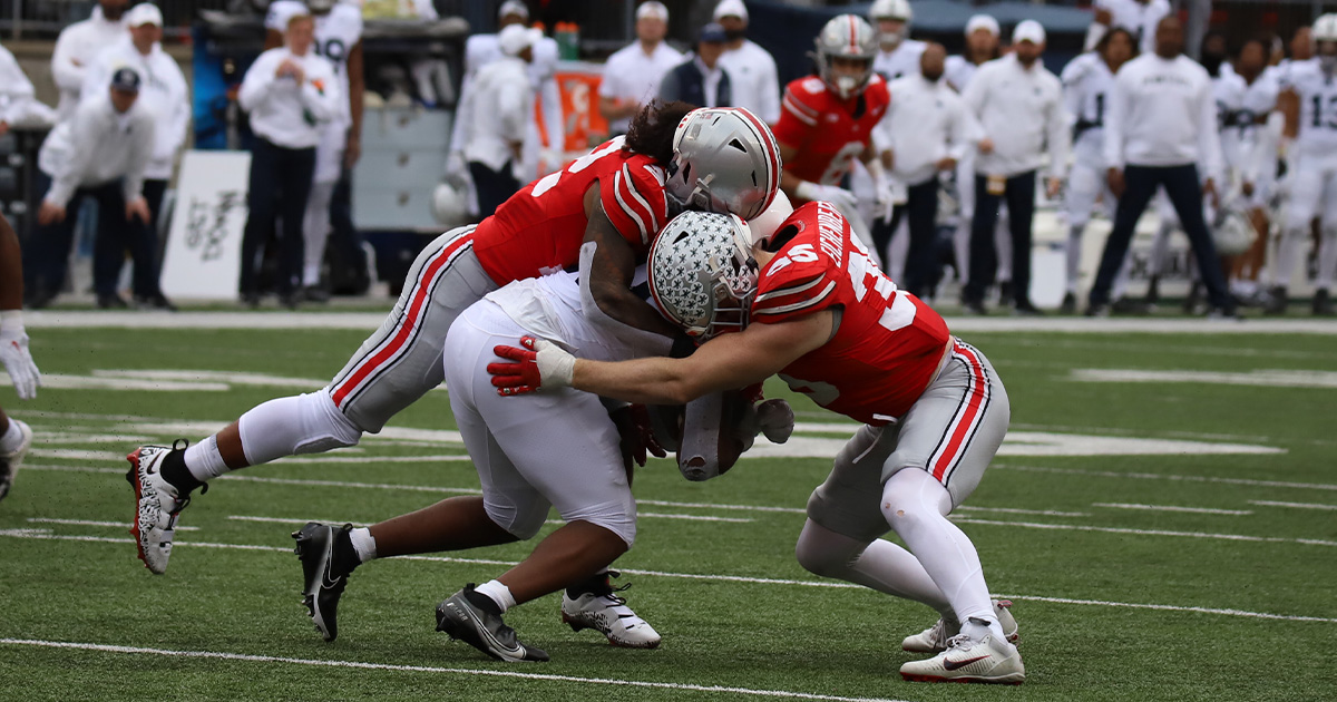 Lettermen Row on X: First look at the Scarlet color rush uniforms Ohio  State is rocking tonight:  / X