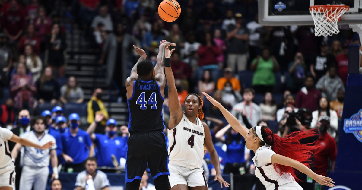 Kentucky forward Dre'una Edwards (44) fires off the 3-point shot to secure the win over South Carolina in the SEC championship game on Sunday in Nashville, Tenn. Syndication The Tennessean. © Saul Young/News Sentinel / USA TODAY NETWORK