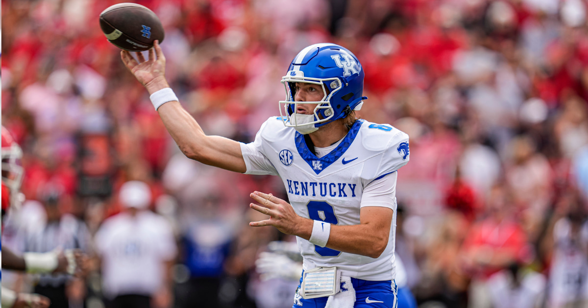 Oct 4, 2025; Athens, Georgia, USA; Kentucky Wildcats quarterback Cutter Boley (8) passes the ball against the Georgia Bulldogs at Sanford Stadium. Mandatory Credit: Dale Zanine-Imagn Images