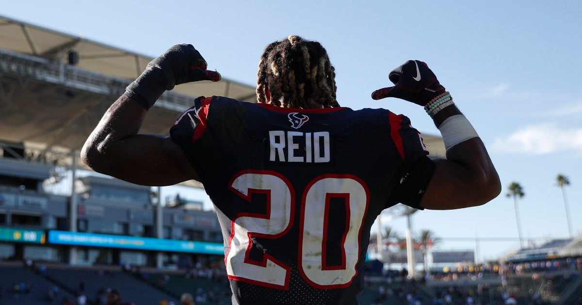 October 27, 2019 : Houston Texans strong safety Justin Reid (20) being  introduced prior to the game against the Oakland Raiders at NRG Stadium in  Houston, Texas. The score at the half