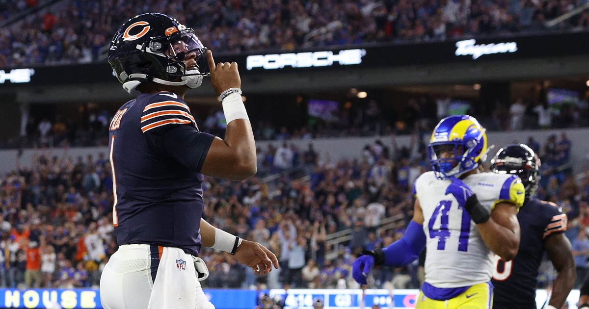 Justin Fields of the Chicago Bears reacts after a play during the News  Photo - Getty Images