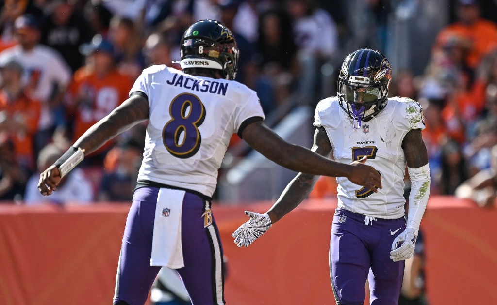 Marquise Brown of the Baltimore Ravens runs with the ball during the