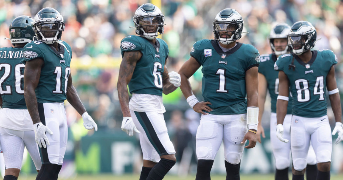 DeVonta Smith of the Philadelphia Eagles celebrates a touchdown