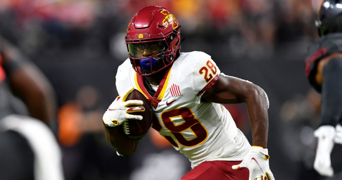 Iowa State running back Breece Hall runs the 40-yard dash during