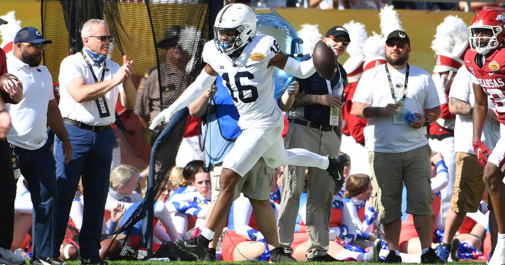 Ji'Ayir Brown celebrates after interception