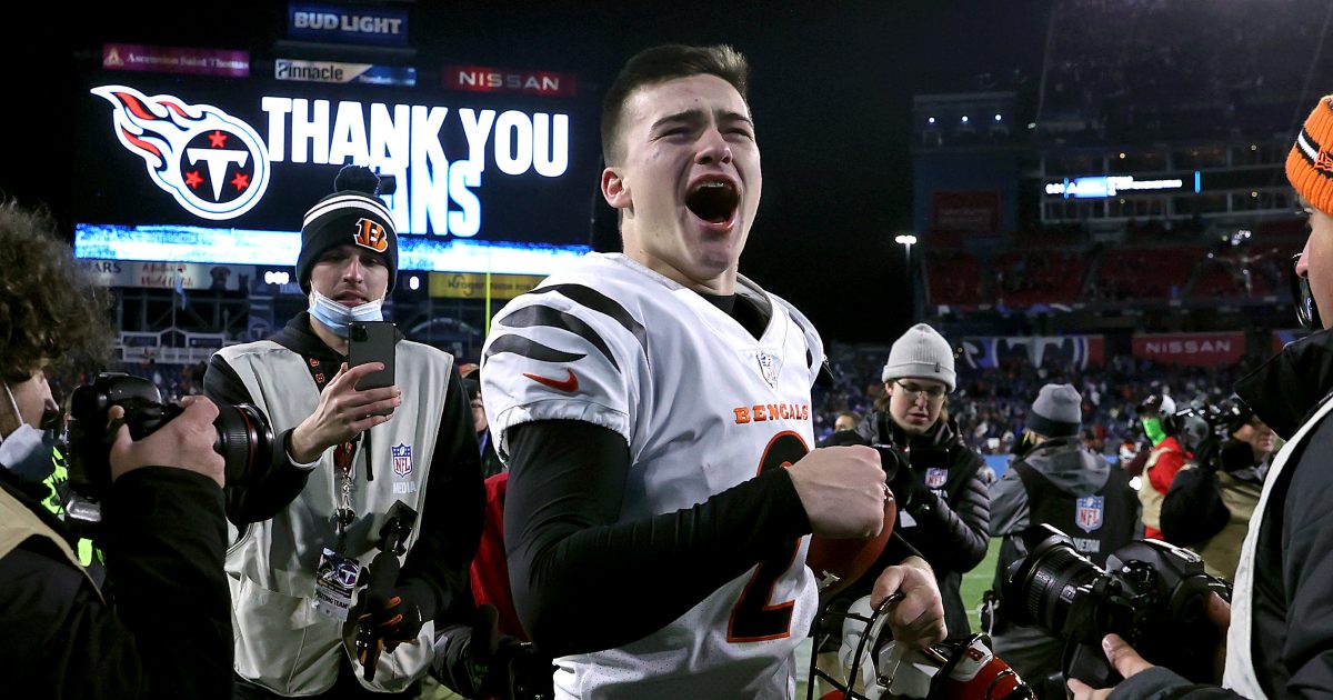 The Bengals' Evan McPherson with the celebration of missed field goal