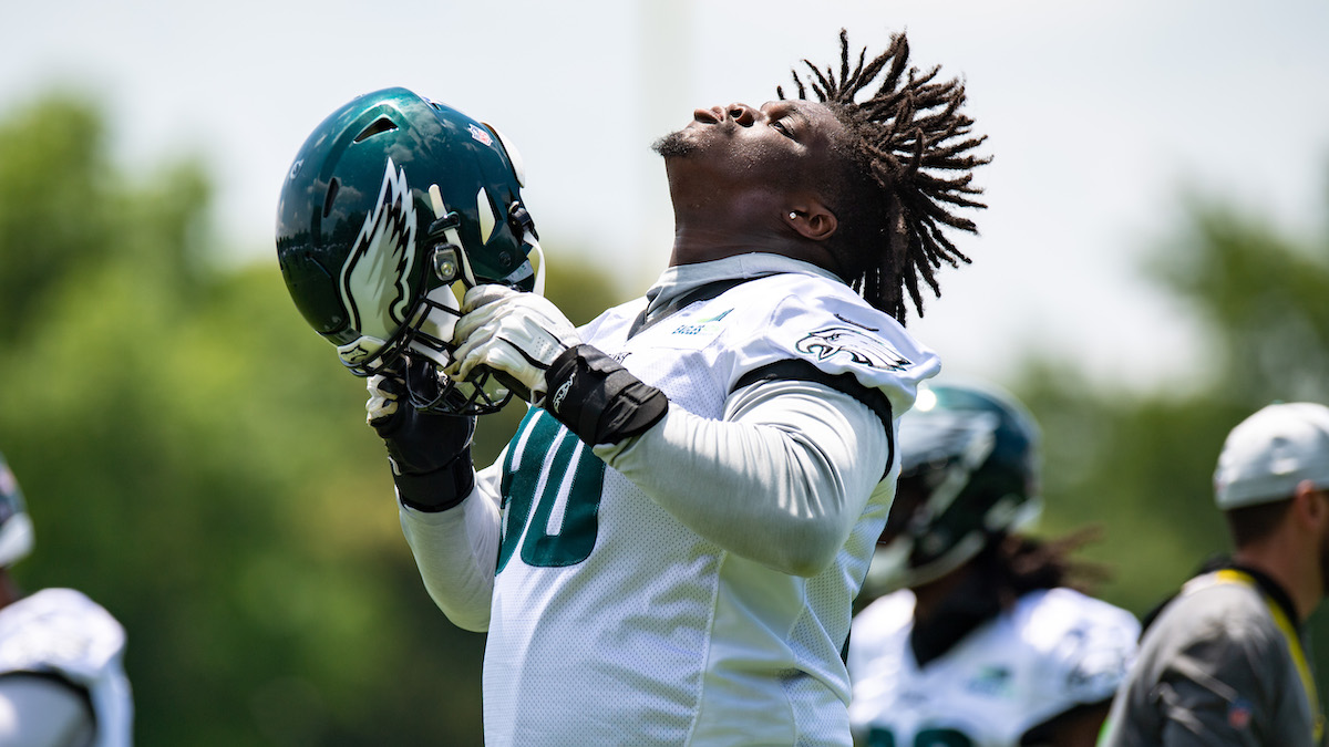 PHILADELPHIA, PA - JUNE 01: Philadelphia Eagles defensive tackle Jordan  Davis (90) looks on during