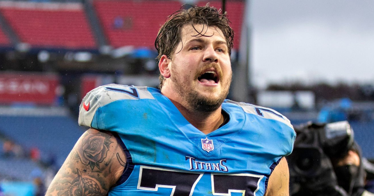 October 31, 2021: Tennessee Titans offensive lineman Taylor Lewan (77)  during NFL football game action between the Tennessee Titans and the  Indianapolis Colts at Lucas Oil Stadium in Indianapolis, Indiana. Tennessee  defeated