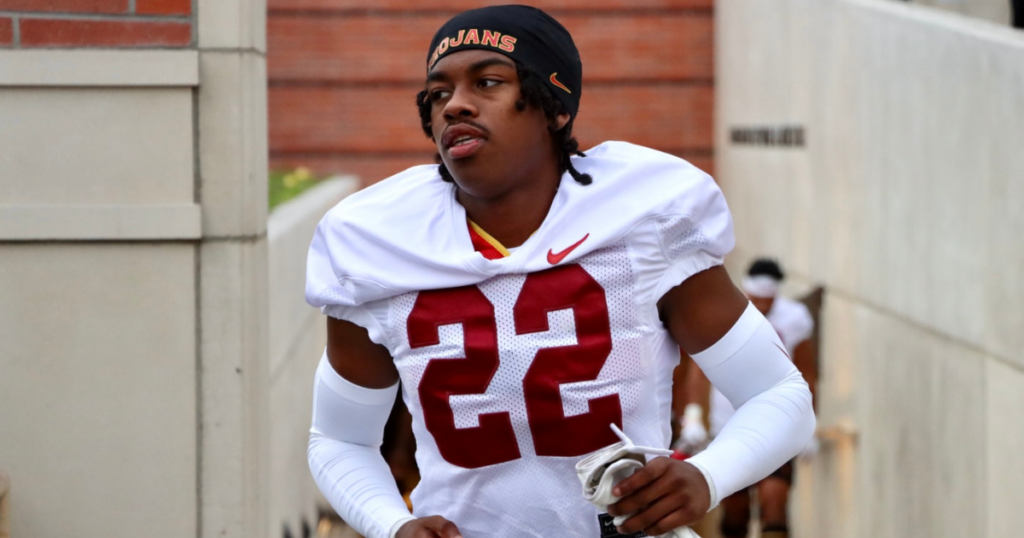 USC cornerback Ceyair Wright attends a fall camp practice with the Trojans