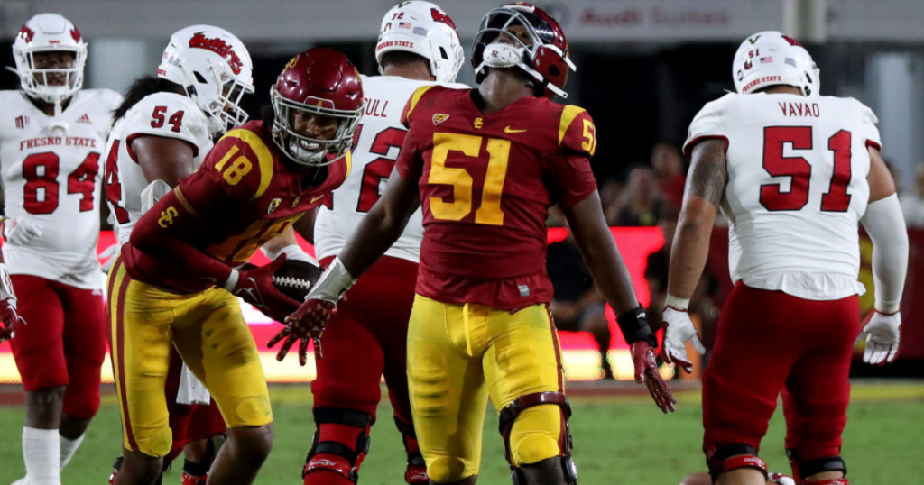 USC defensive end Solomon Byrd (51) celebrates after recovering a fumble by Fresno State quarterback Jake Haener