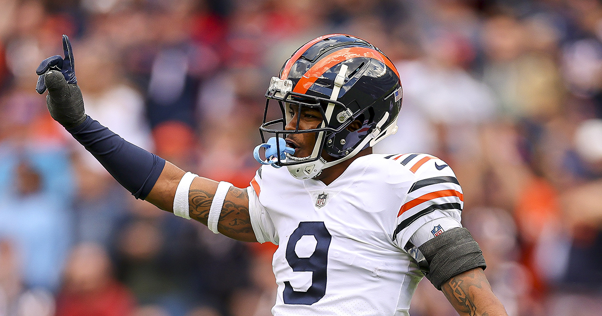 Chicago Bears safety Jaquan Brisker (9) reacts against the New