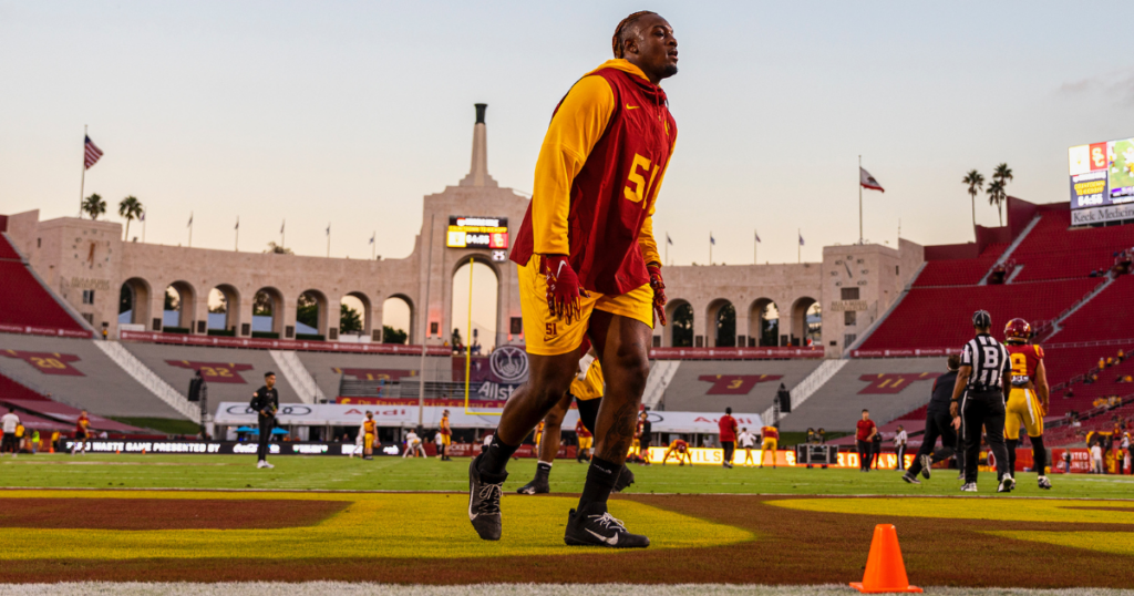 USC rush end Solomon Byrd warms up before the Trojans' home game against Arizona State