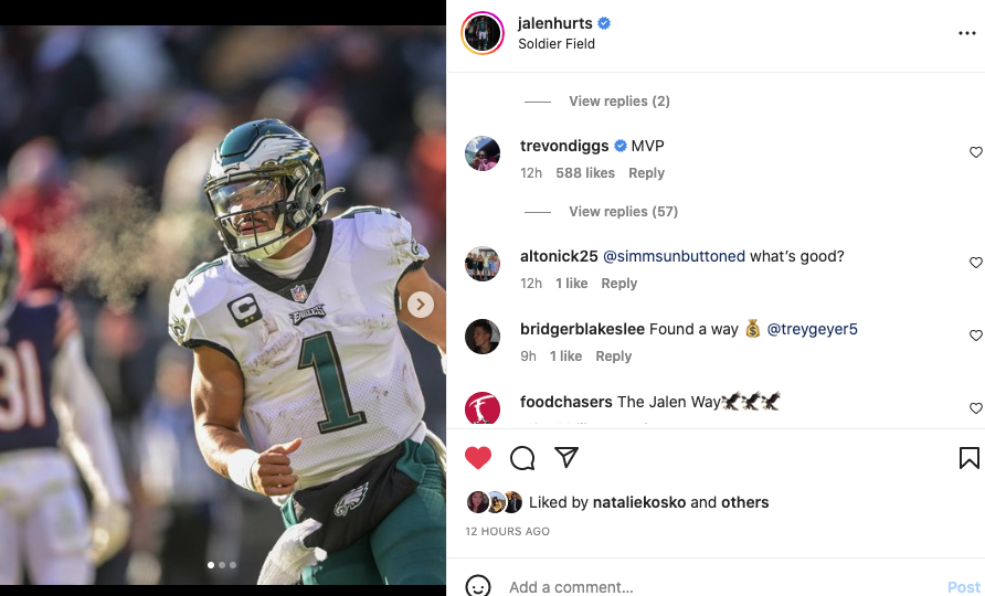 Trevon Diggs calls Jalen Hurts the MVP on Instagram