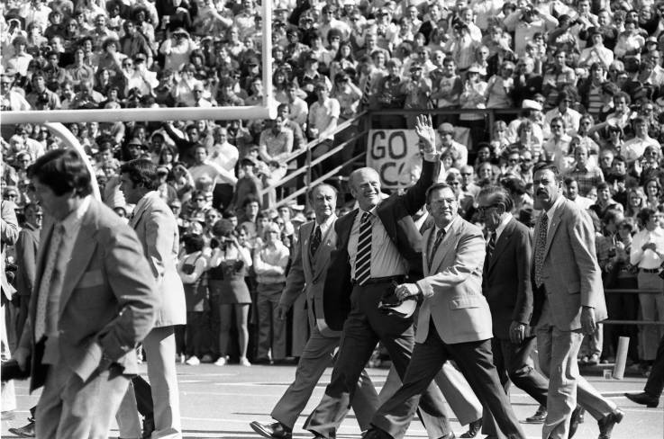 President Gerald Ford, visiting Williams-Brice Stadium at halftime of the Carolina v Notre Dame game, Oct 23, 1976. Ford is flanked by US Senator Strom Thurmond (left) and SC Gov James Edwards. Photo courtesy of The State Photographic Archives, Richland County Public Library. Photo by Vic Tutte.