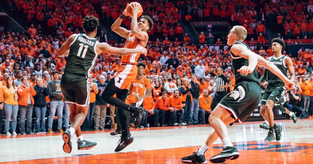 Illinois forward Terrance Shannon finishes through contact against Michigan State