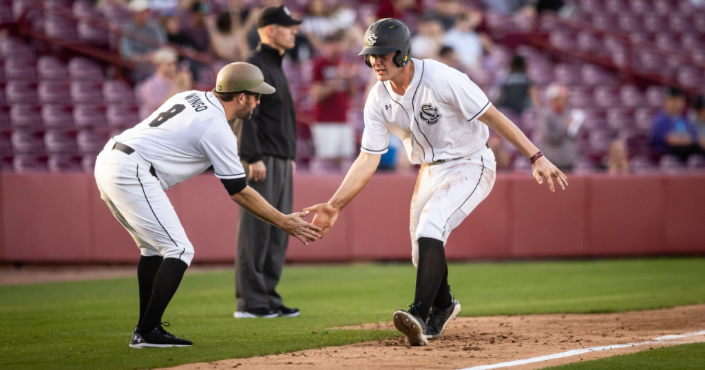 South Carolina hitter Ethan Petry rounds the bases after hitting a home run against Winthrop