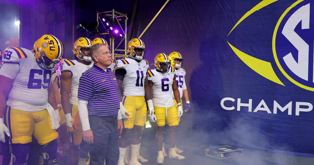 Brian Kelly and the LSU Tigers wait in the tunnel ahead of the 2022 SEC Championship Game