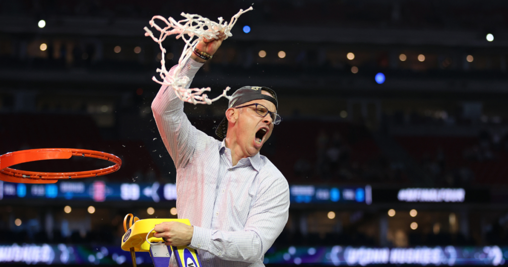 UConn head coach Dan Hurley celebrates the program's national championship in Houston