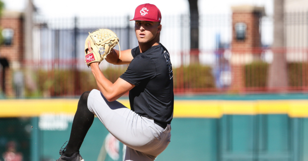 South Carolina right-handed pitcher Roman Kimball throws in a fall scrimmage