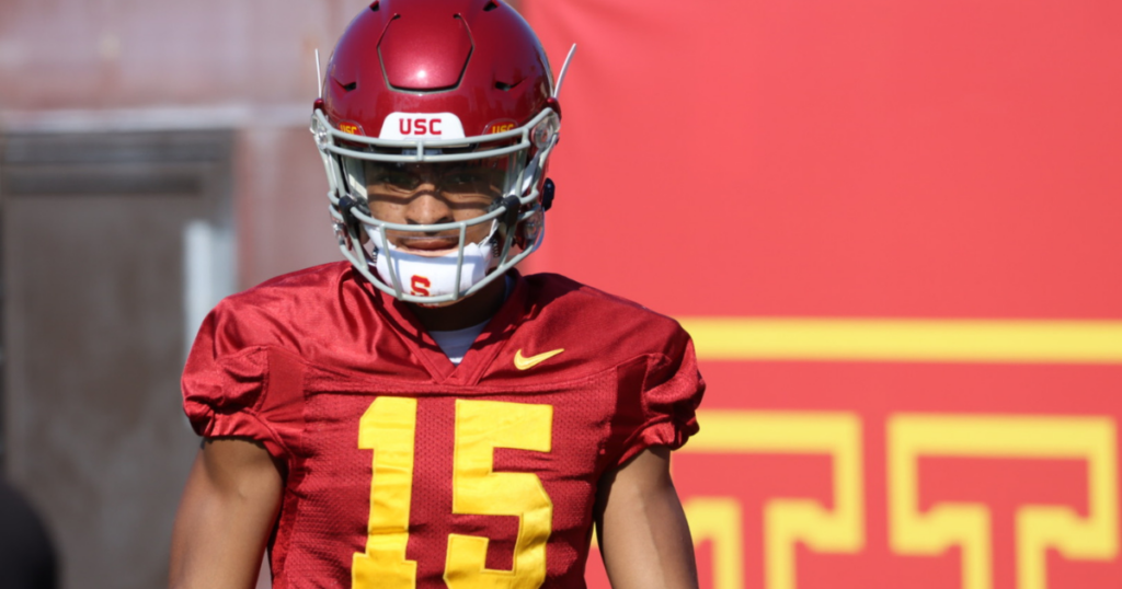USC wide receiver Dorian Singer looks on during a spring ball practice with the Trojans