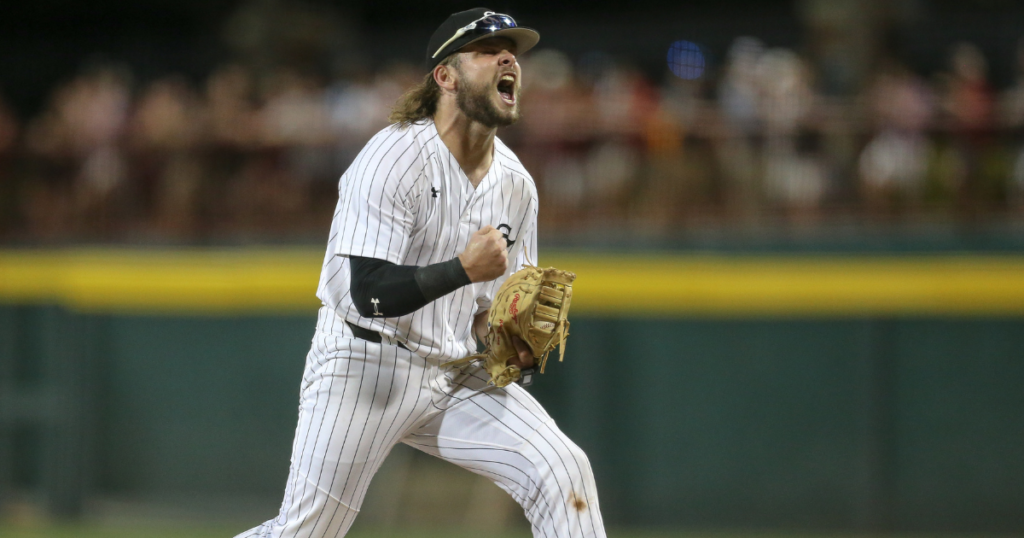 South Carolina first baseman Cole Messina celebrates after an inning-ending double play against Florida