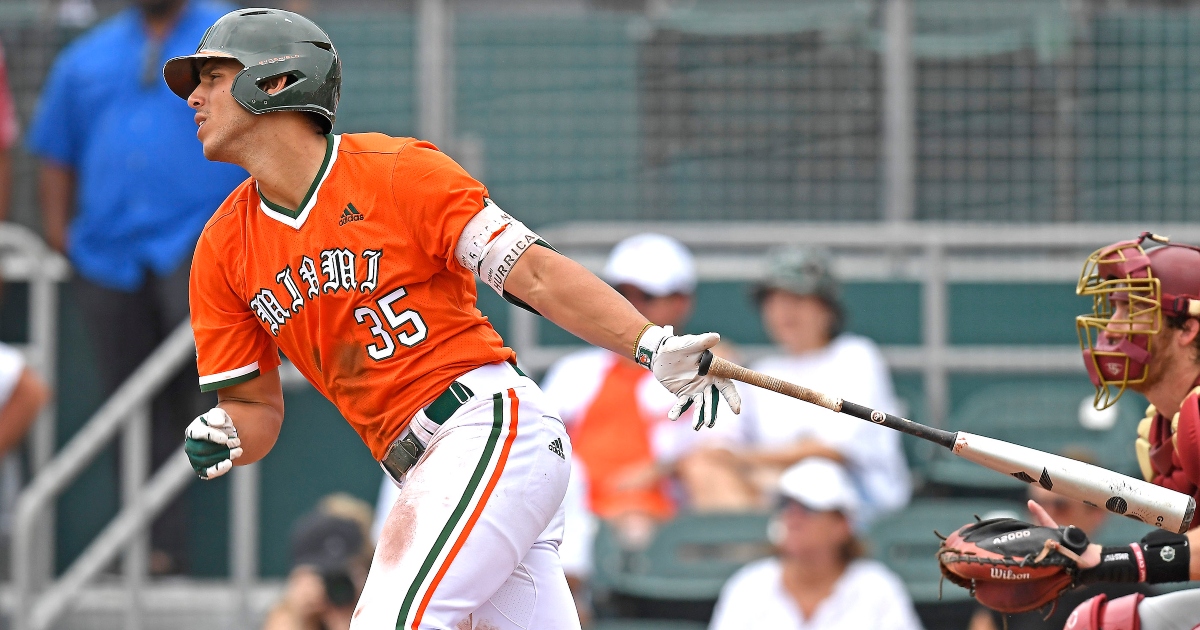 Miami's Yohandy Morales walks on the field during an NCAA baseball