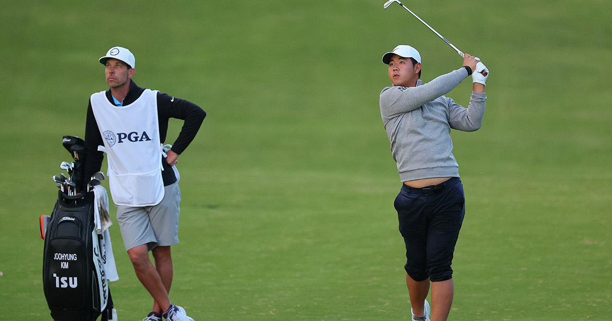 Tom Kim reacts to video of him falling in mud at PGA Championship On3